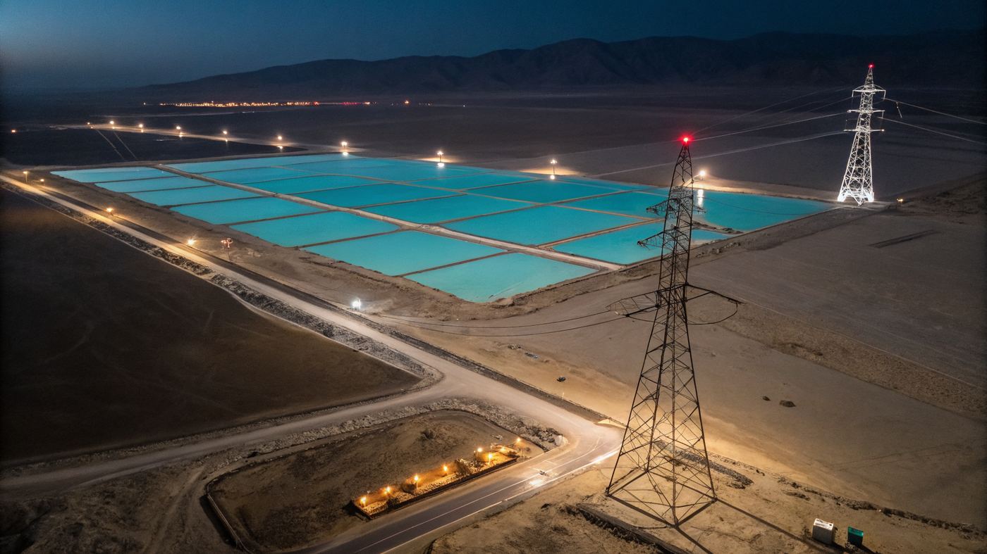 Aerial view of lithium brine evaporation pools at night, turquoise rectangles bisected by amber-lit transmission towers