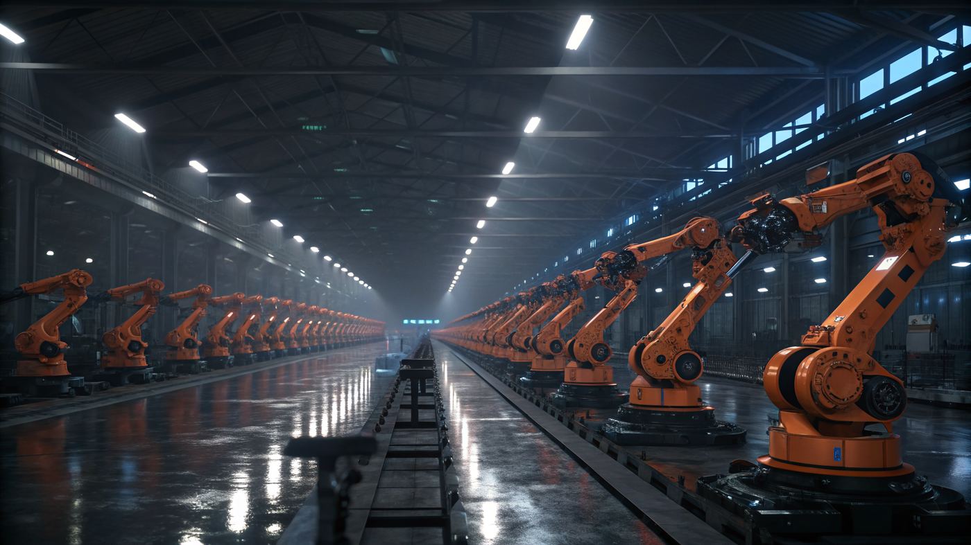 Dark interior of automated battery manufacturing facility, robotic arms lit by individual task lights
