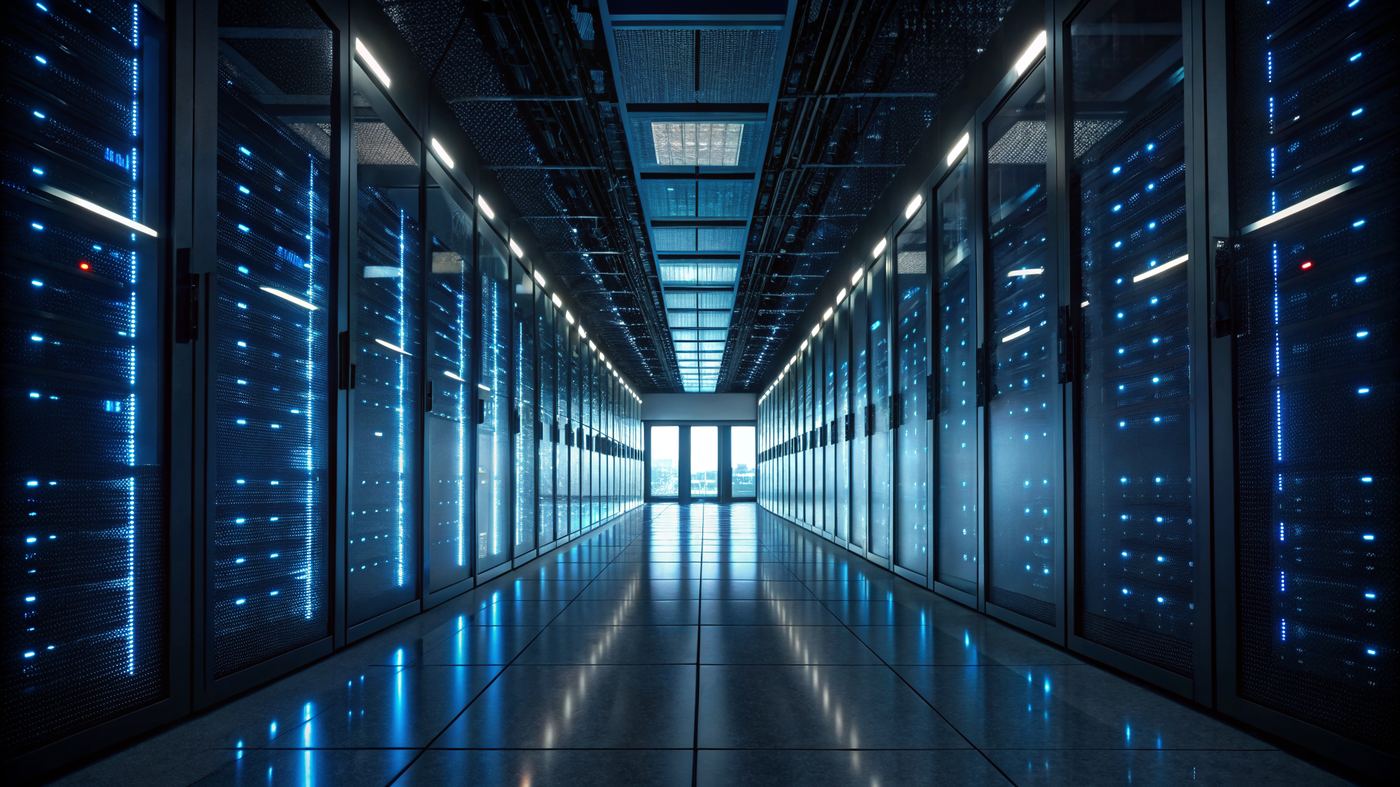 Symmetrical data center corridor stretching to vanishing point, cold blue LED light reflected on polished floor