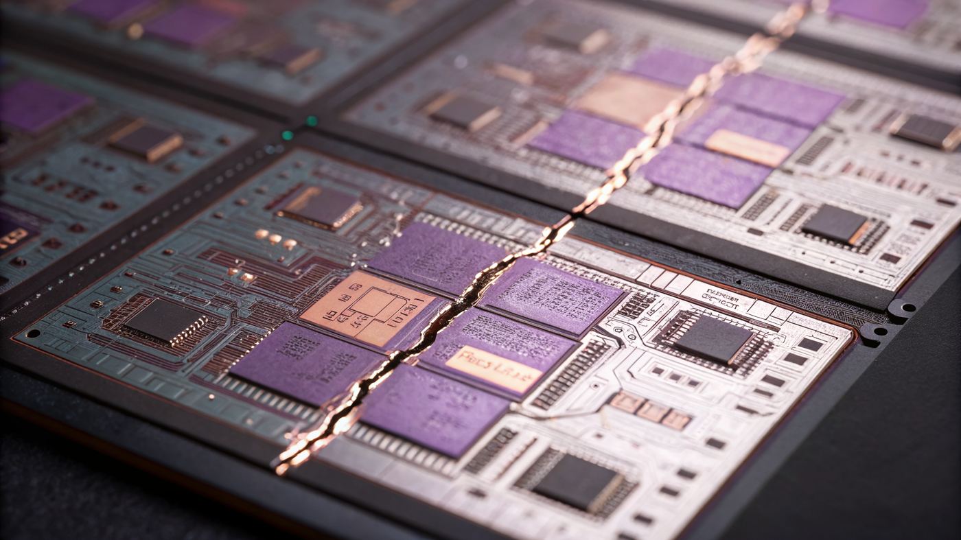 Extreme macro of a GPU silicon die with iridescent circuit traces and a hairline fracture running through it