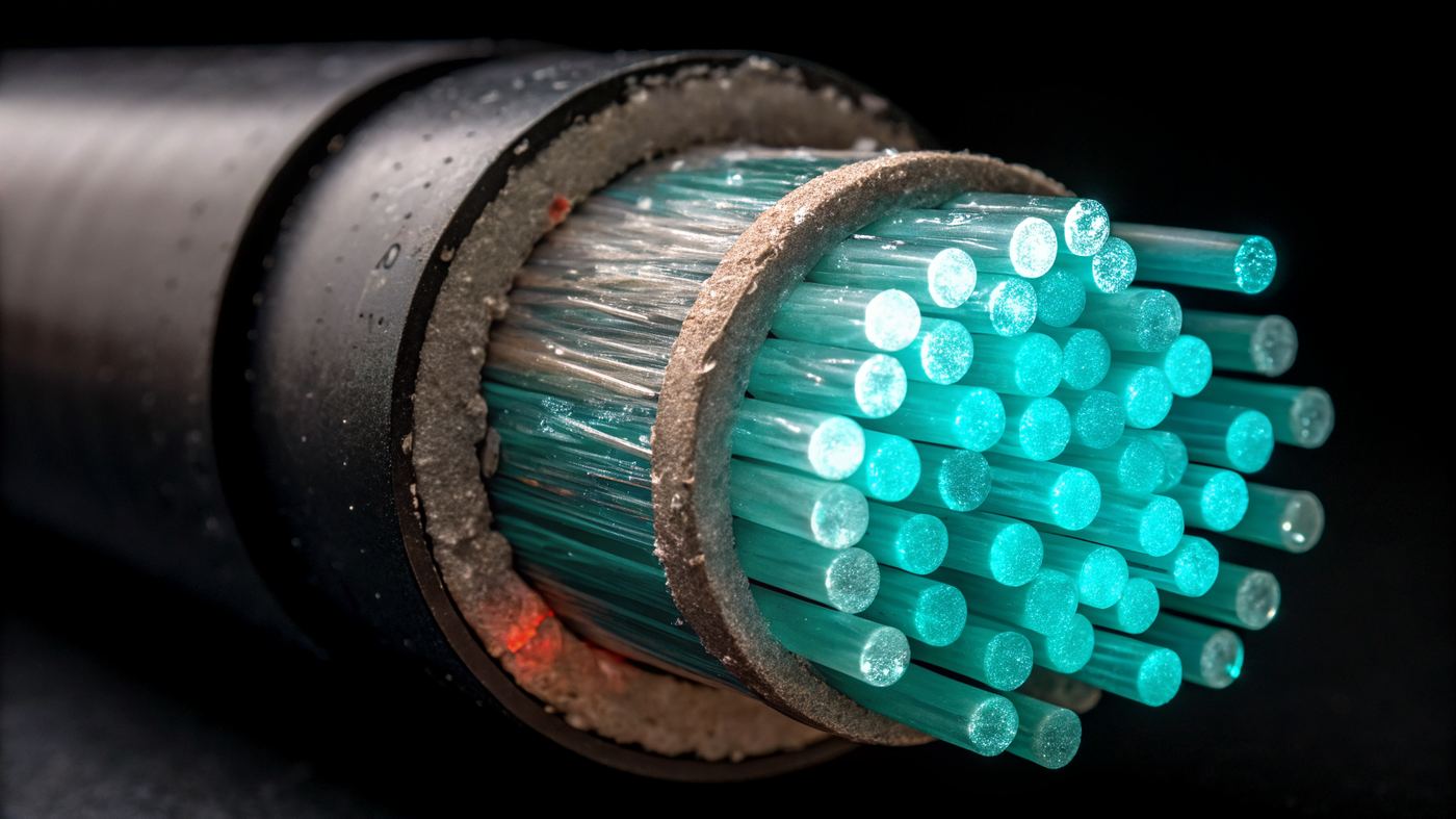 Fiber optic cable bundle with glass cores glowing teal against deep black