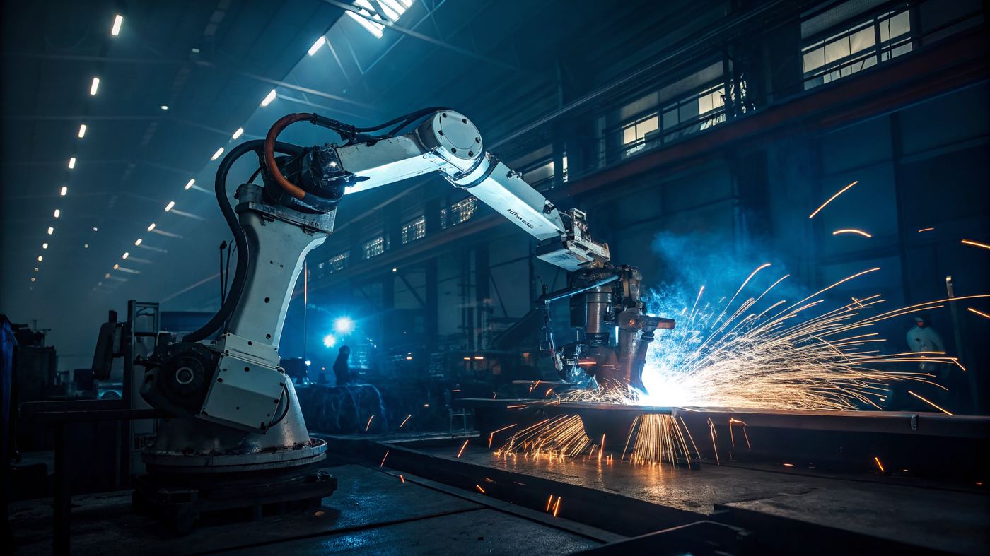 Robotic welding arm in dark factory, brilliant arc throwing light across surrounding machinery