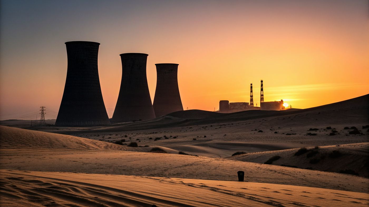 Desert twilight with nuclear cooling towers in silhouette, narrow band of molten amber sky