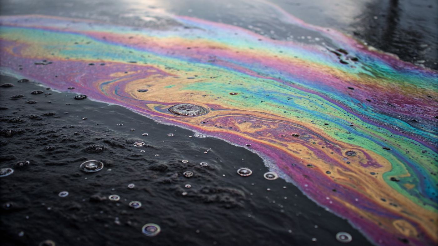Extreme macro of crude oil on water, iridescent rainbow sheen decomposing into droplets