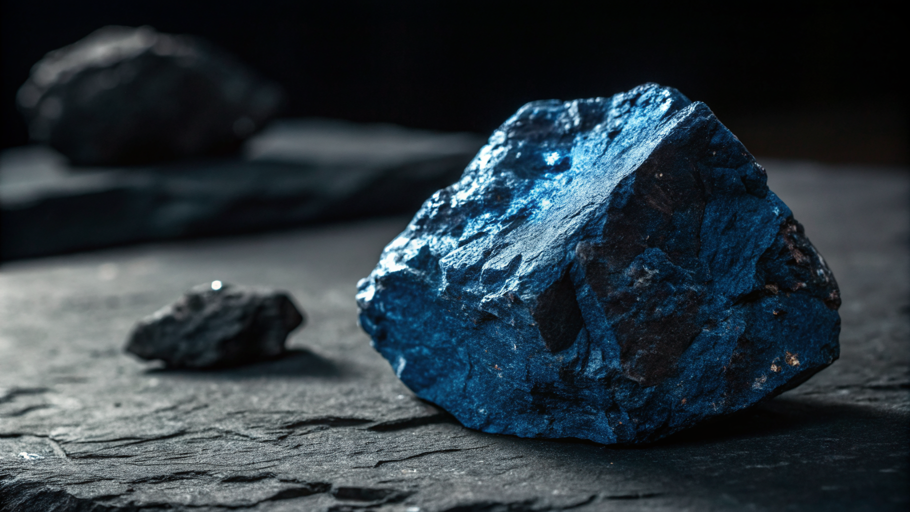 Chunk of raw cobalt ore, blue-black crystalline specimen lit like a Flemish still life