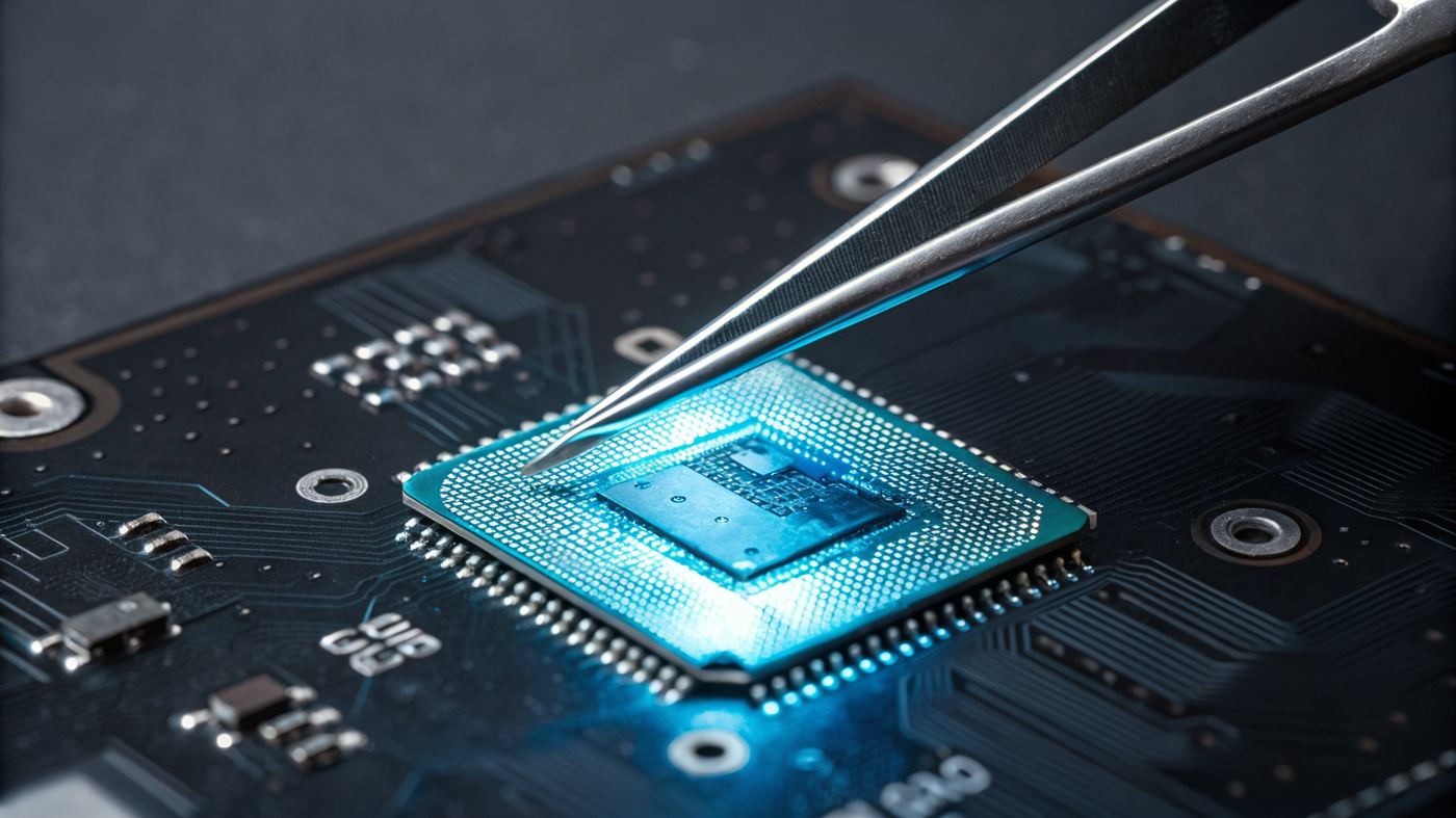 Semiconductor chip held by precision tweezers, cold blue light on circuit traces