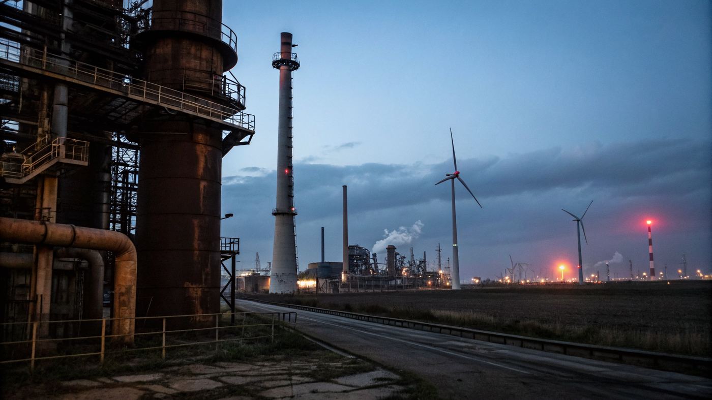 Rusted oil refinery and distant wind turbines at twilight — the space between two worlds