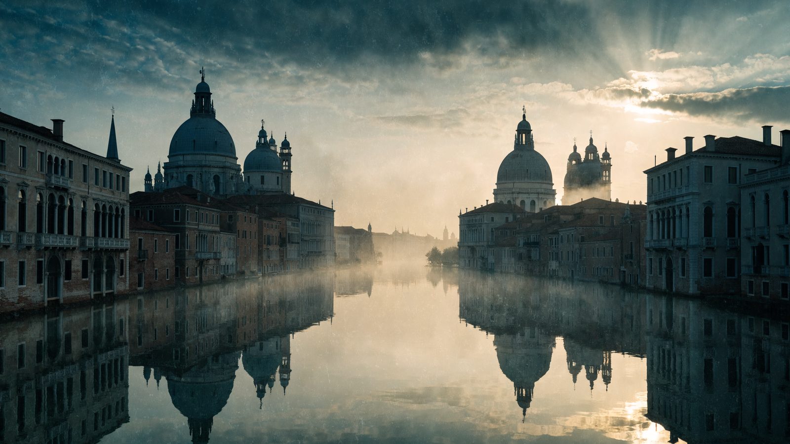First light on the Grand Canal, mist rising off perfectly still water.