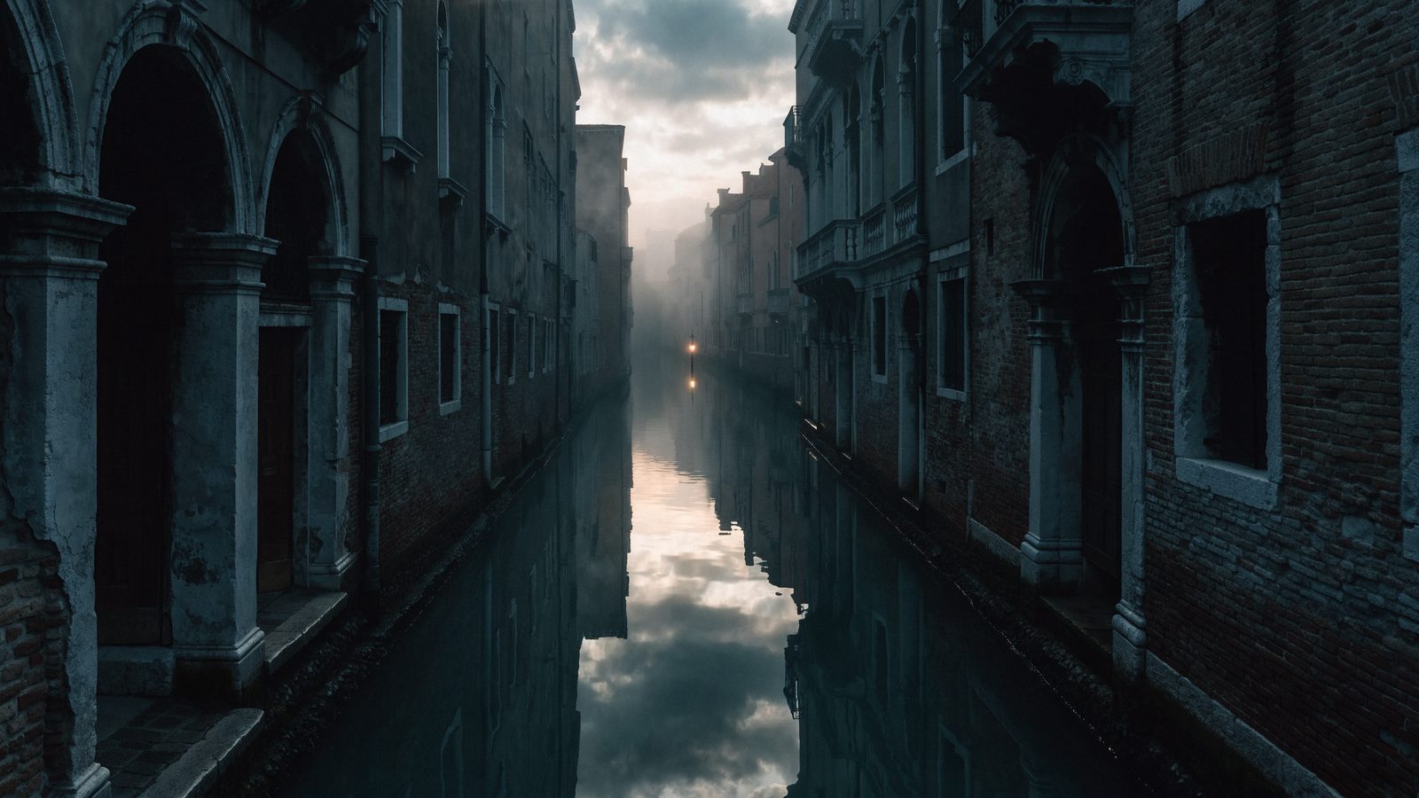 A narrow, dark side canal at dusk, a single distant lantern.