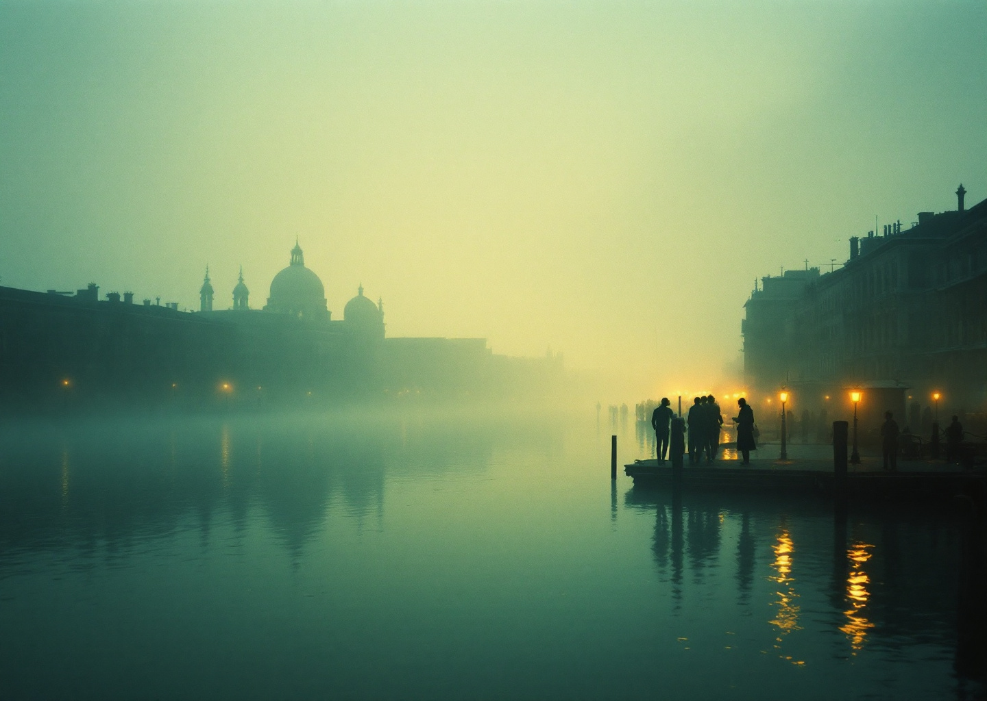 The Grand Canal at dawn, distant domes through fog, golden light on still water.