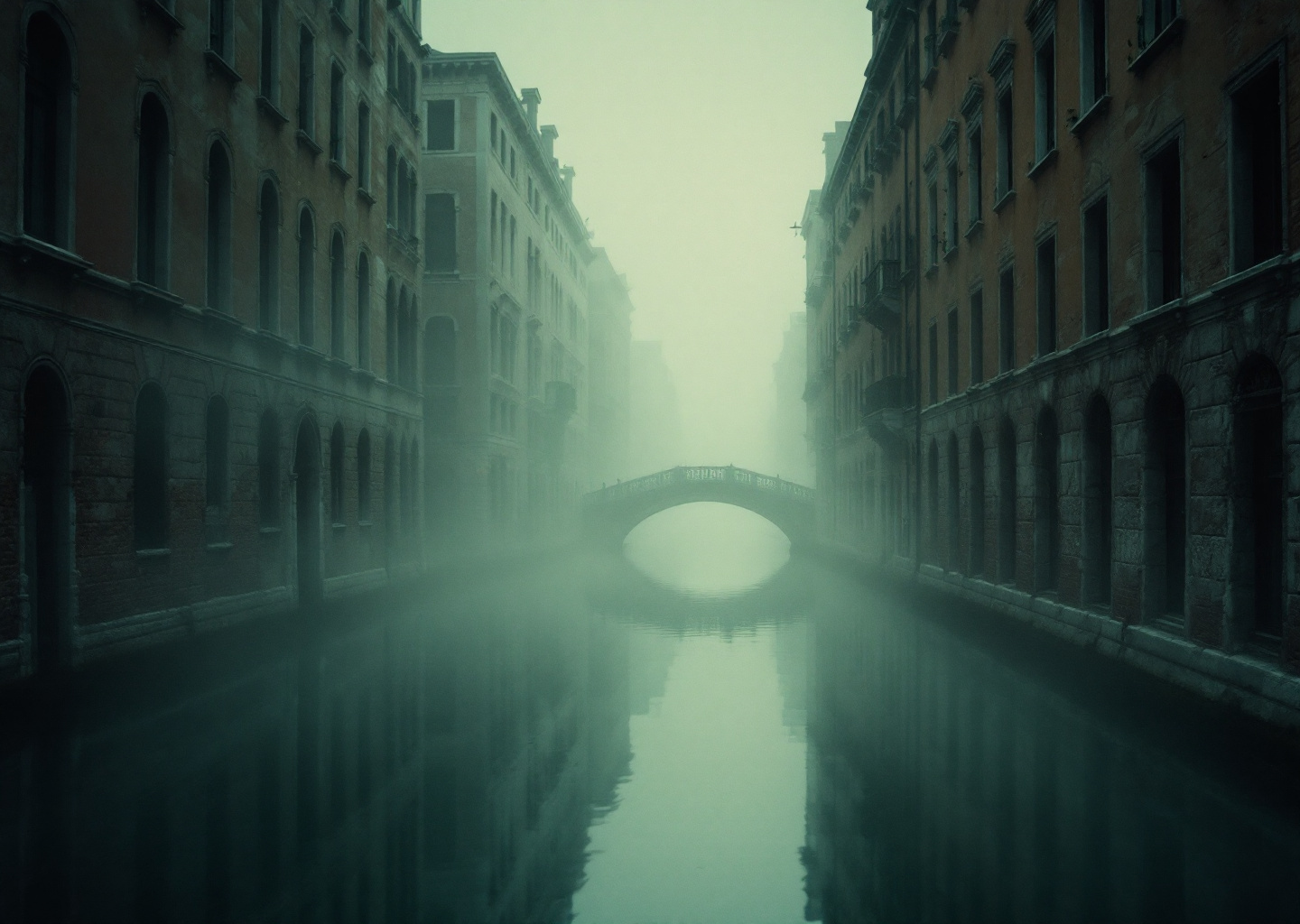 A narrow Venetian side canal between tall palazzo walls, fog filling the passage.