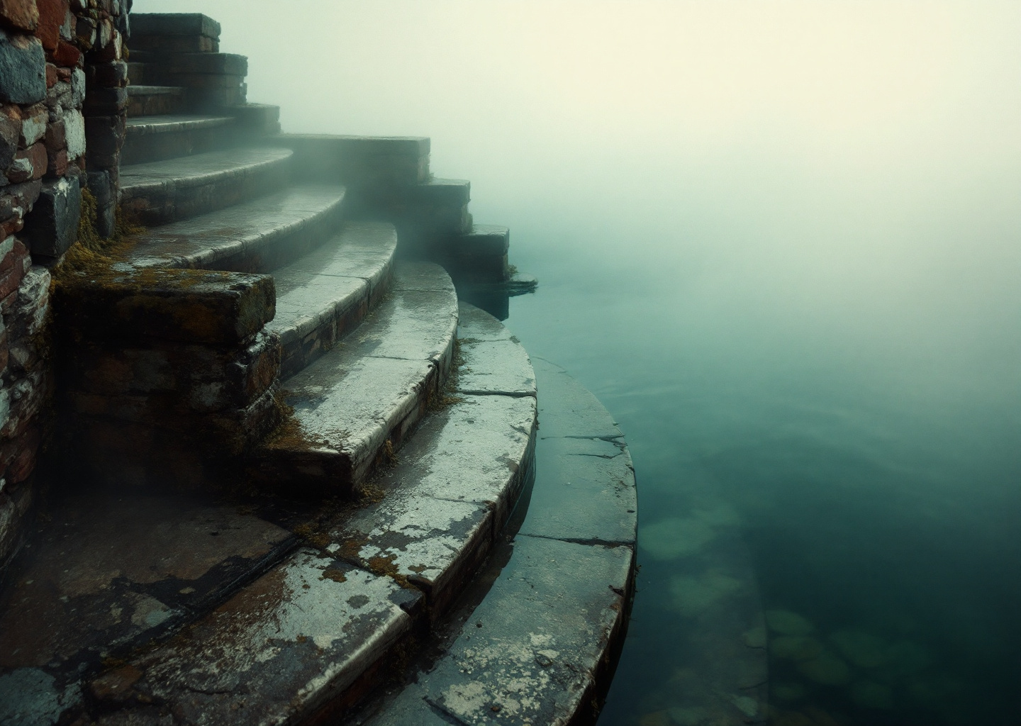 Venetian stone steps descending into fog-covered canal water.