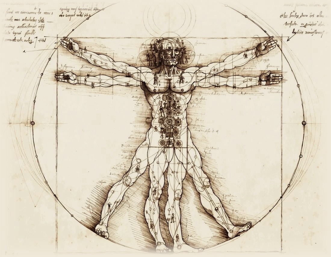 A Vitruvian figure whose body is built from interconnected clockwork agents and mechanical homunculi, drawn as a Da Vinci notebook study.