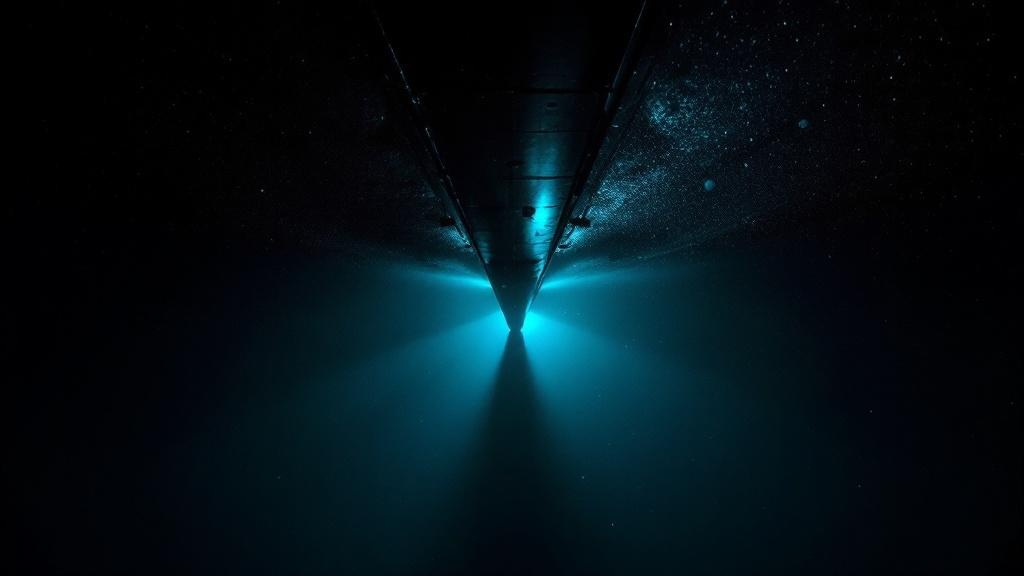 A ship's keel seen from below — dark hull, teal light refracting at the waterline, marine snow suspended in black water
