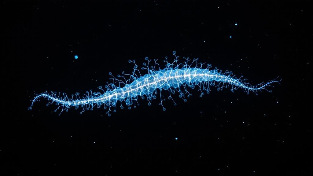 A siphonophore — a colonial organism that is also a network diagram — drifting through the abyss