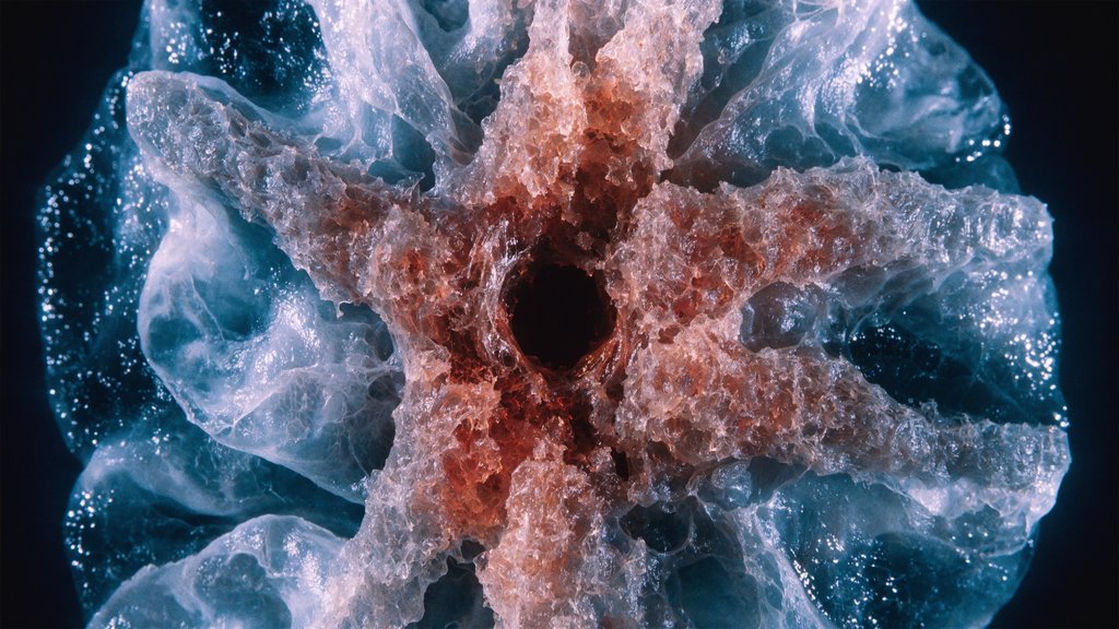 Antigenic leakage — scar tissue overrunning its boundaries, reddish-amber growth consuming teal-blue healthy tissue from the center