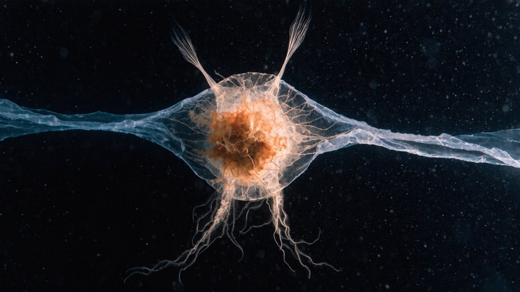 Trickster leakage — an amber organism mid-transit through a translucent boundary, the membrane deforming to accommodate passage