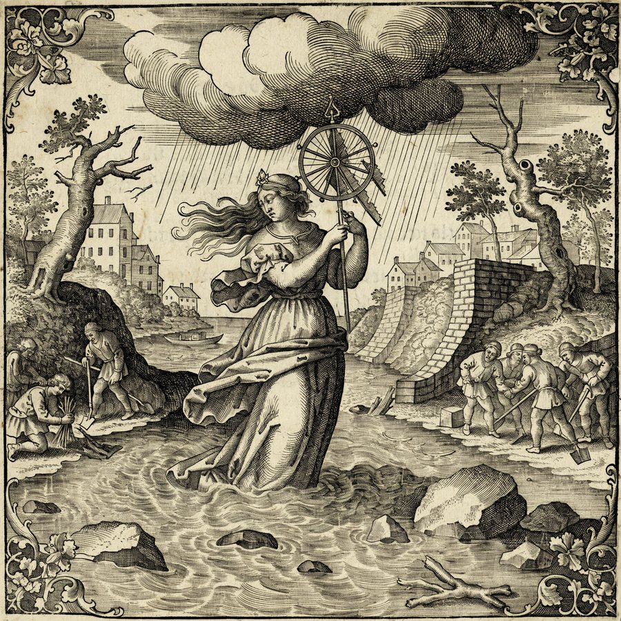 A woodcut of Fortune as a woman in a flooding river while men build dykes to channel the water.