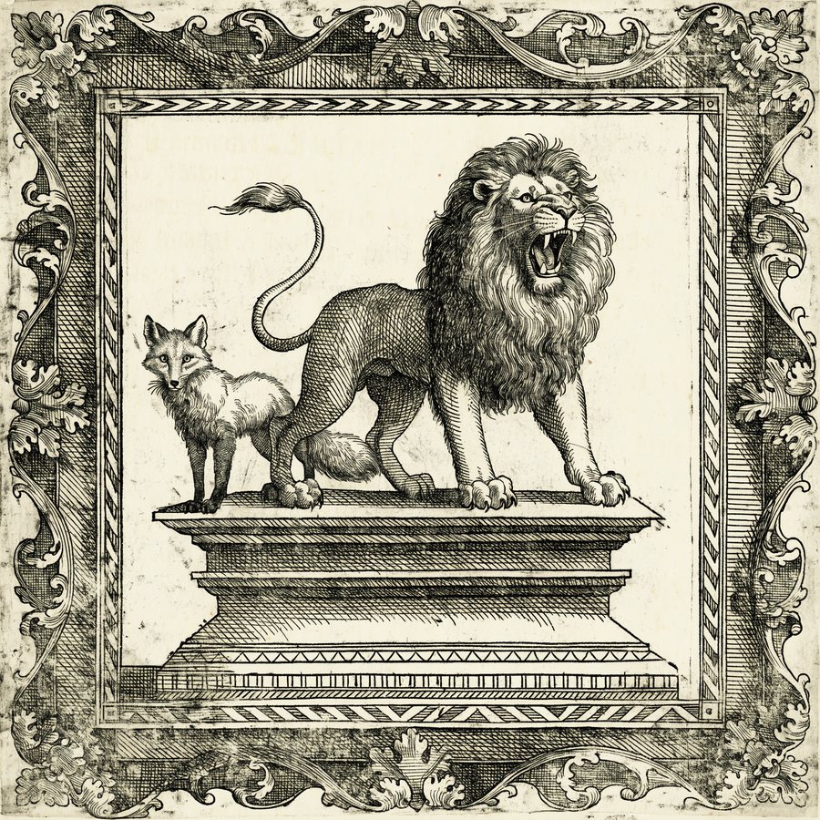 A woodcut of a lion and a fox standing together on a heraldic pedestal.