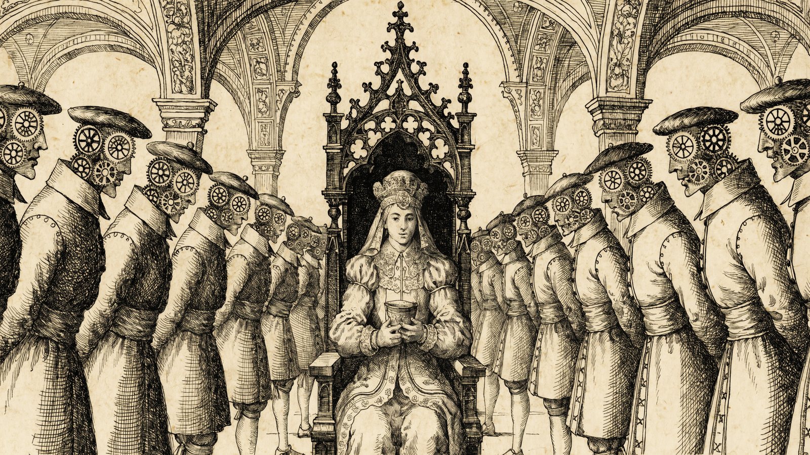 A woodcut of a prince enthroned amid ranks of clockwork automaton courtiers.