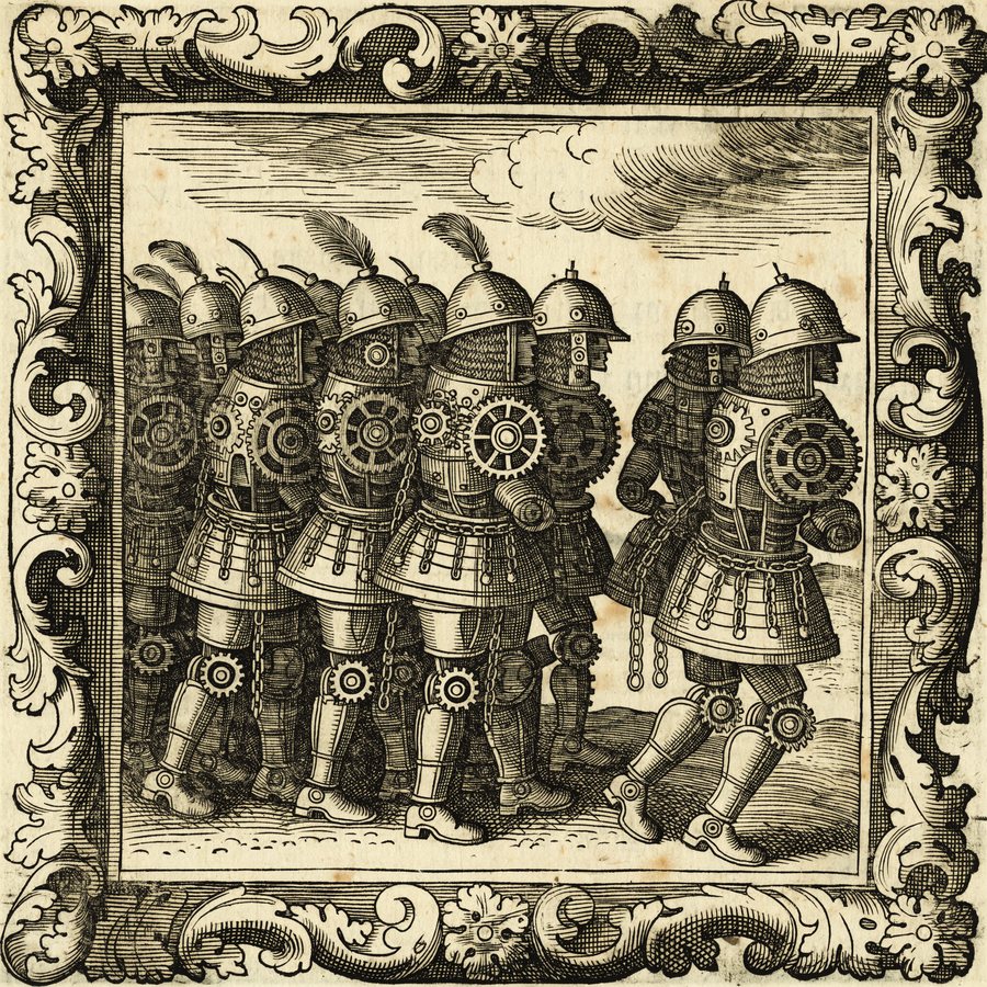 A woodcut of clockwork mercenary automatons, some standing idle, some turning to flee.